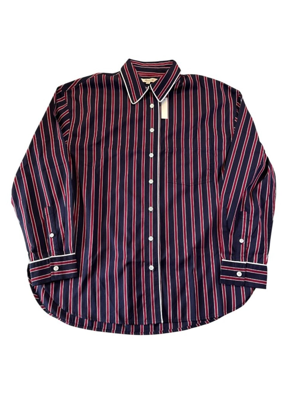 Madewell Long Button-Up Shirt in Stripe Poplin~Size M~Red Navy Stripe NWT L10 27 - Picture 7 of 10